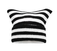 Cappello Coreano a Righe Bianche e Nere con Orecchie di Gatto - Caldo Cappuccio Lavorato a Maglia for Il Freddo(Blac)