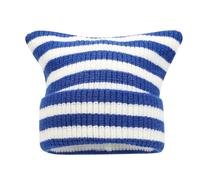 Cappello Coreano a Righe Bianche e Nere con Orecchie di Gatto - Caldo Cappuccio Lavorato a Maglia for Il Freddo(Blue And White)