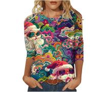 Cappello da Babbo Natale e barba, casual, a maniche lunghe, girocollo | Porta allegria gioiosa per le vacanze al tuo outfit camicia a maniche lunghe da donna con divertente motivo Santhel
