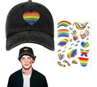 Cappello da Baseball Unisex Nero con Cuori Arcobaleno e Adesivo Arcobaleno, Accessori Pride per Festa, Eventi e Celebrazioni LGBTQ+, Taglia Unica