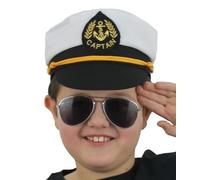Cappello da capitano marinaio per bambini, confezione da 1, cappello nautico bianco con visiera nera e fascia in corda dorata, accessorio per costume per bambini, feste marine, cosplay