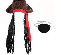 Cappello da capitano pirata di Halloween con parrucca Bucaniere Caraibico Costume Tricorno Pirata Cappello Cap Eye Patch Set di accessori per feste Cosplay Set (cappello pirata con fascia rossa +