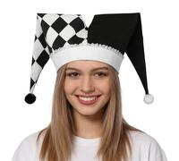 Cappello da clown da giullare, motivo a scacchi bianchi e neri con pompon, accessorio per costume (nero e bianco)