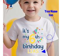 Cappello da compleanno 3°, maglietta grafica personalizzata con stampa del nome, top sportivo a maniche corte nero kids, consegna rapida, bianco 6Y,7Y,4Y,5YTessuto in maglia