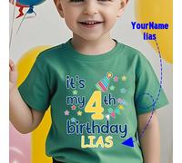 Cappello da compleanno 3°, maglietta grafica personalizzata con stampa del nome, top sportivo a maniche corte nero kids, consegna rapida, verde 6Y,7Y,4Y,5YTessuto in maglia