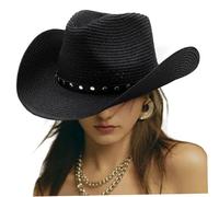 Cappello da Cowboy, Cappello da Cowboy con Paglia di Protezione UV con Largo brio, Cowgirl Nero con Cintura in Pelle, Occidentale con Cinturino per Le Donne e Uomini