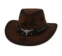 Cappello da cowboy da donna e uomo con decorazione a rivetti, cappello jazz, tesa larga con testa di toro, motivo a forma di cuore, per feste all'aperto, per cosplay, cowboy, O caffè., Taglia unica