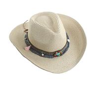 Cappello da cowboy da uomo in paglia da donna floppy ripiegabile a tesa larga UPF50 Western Panama Travel Beach Cap Fedora Bucket Hat, Beige, con perline decorative e nappe, Taglia unica