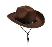 Cappello da cowboy da uomo in stile western, in pelle marrone con dettagli a rivetto e cinturino regolabile sotto il mento, colore puro, cappello classico da ranch per country, festival e tempo libero