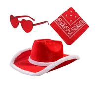 Cappello da cowboy di Natale, Cappello da cowboy di Babbo Natale | Western Da Cowboy - 3x cappello a tesa larga con occhiali a cuore, bandana vintage regolabile per cappello da cowgi