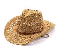 Cappello da cowboy di paglia per donne e uomini, cappello da sole occidentale intrecciato di kaki con cinturino al mento, cowgirl traspirante per all'aperto, spiaggia, picnic, viaggi, vacanze es