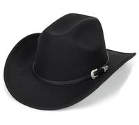 Cappello da cowboy e cowgirl classico in feltro nero occidentale con falda arrotolabile per donne e uomini - Decorazione con fibbia della cintura occidentale, Nero-a, 7-7 1/4