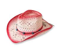 Cappello da Cowboy in paglia jeans Panama con fascia occidentale unisex taglia unica uomo donna per estate Coachella spiaggia stile country brasiliano Boemia Indiana Rafia naturale, Xh13003 Rosso
