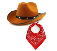 Cappello da cowboy marrone tempestato di stelle con bandana rossa Paisley - Set costume western per adulti e bambini Wild West Set
