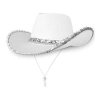 Cappello da cowboy, unisex, in feltro, stile texano, accessorio per costume da uomo, donna e adulti, per feste in maschera, design classico e vestibilità comoda (bianco con paillettes argentate)