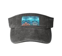 Cappello da cowboy vuoto lavato stampato in cotone nero con balene sotto il mare, alla moda e versatile per tutte le stagioni., Erica profonda, taglia unica