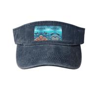 Cappello da cowboy vuoto lavato stampato in cotone nero con balene sotto il mare, alla moda e versatile per tutte le stagioni., Blu navy, Taglia unica