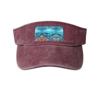 Cappello da cowboy vuoto lavato stampato in cotone nero con balene sotto il mare, alla moda e versatile per tutte le stagioni., Rosso, Taglia unica