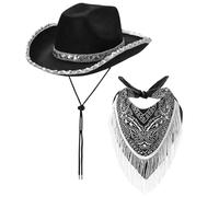 Cappello da cowgirl con bandana sferrata 2pcs/set di pai paillettes a bordo curvo largo con cappello da cowgirl nero con cinghia di tappo da cowboy occidentale di una taglia per cosplay, costumi