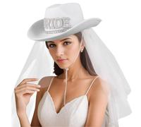 Cappello da cowgirl da sposa con velo, elegante cappello da cowgirl bianco con perle e strass per matrimonio, addio al nubilato, festa di addio al nubilato, accessorio country-western da donna