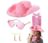 Cappello da cowgirl rosa | 4X Cappello da costume da cowboy per donne adulte | Occhiali Bandana e orecchini inclusi, gioco di ruolo, cappello da cowgirl con peluche per la fotografia in