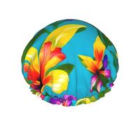 Cappello da doccia grande con stampa floreale hawaiano colorato cappello per capelli con fascia elastica doppio strato impermeabile per donne uomini e bambini