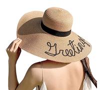 Cappello da donna a tesa larga, con protezione solare, pieghevole, arrotolabile, con ricamo alla moda, per viaggi, vacanze in spiaggia (kaki)