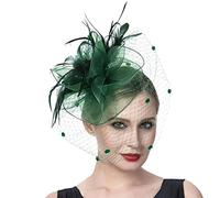 Cappello da donna for cocktail party, matrimonio, chiesa, abito, cappello con piume e fiori, copricapo in rete(C)