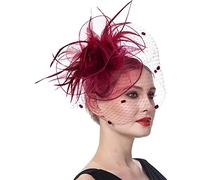 Cappello da donna for cocktail party, matrimonio, chiesa, abito, cappello con piume e fiori, copricapo in rete(J)