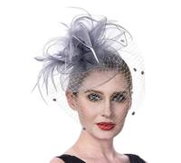 Cappello da donna for cocktail party, matrimonio, chiesa, abito, cappello con piume e fiori, copricapo in rete(D)