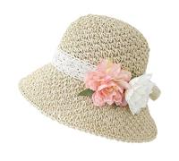 Cappello da donna in paglia con fiori artificiali Berretto sole a tesa larga a bombetta alla moda for viaggi estivi in spiaggia all'aperto Per Donna(Beige)