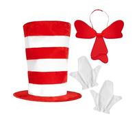 Cappello da gatto - Casco a righe bianco rosso | Cappello a fascia alta, set di costumi cosplay, accessorio per guanti con papillon, eventi scolastici della Giornata mondiale del libro e festa