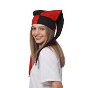 Cappello da giullare arlecchino con code lunghe e campane, costume da clown a scacchi bianchi e neri, unisex, taglia unica, per Halloween, cosplay, circo gotico (nero e rosso, taglia unica)