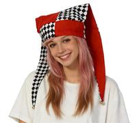 Cappello da giullare arlecchino con code lunghe e campane, costume da clown a scacchi bianchi e neri, unisex, taglia unica per Halloween, cosplay, circo gotico