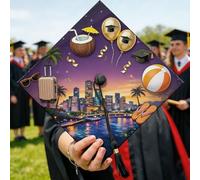 Cappello da laurea con motivo paesaggio urbano, occhiali da sole estivi in cocco, cappello viola estivo 2026, decorazioni per cappello di laurea, idee per celebrazioni, ricordo dell'anno senior, 24 x