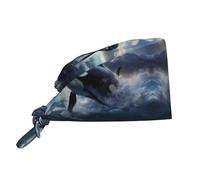 Cappello da lavoro/cappello da chef per uomo e donna, per chirurgia e infermieristica, colore nero, con immagine di un'orca assassina.
