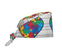 Cappello da lavoro/cuoco per la pulizia, per uomo e donna, per chirurgia e infermieristica, con immagine di un cuore e pezzi di puzzle per la sensibilizzazione sull'autismo, colore nero.