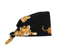 Cappello da lavoro per pulizie con immagine di un cucciolo di tigre addormentato, ideale per uomo e donna, per chirurgia e infermieristica, colore nero.