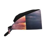 Cappello da lavoro per pulizie con stampa di barca a vela al tramonto, cappello da chef per uomo e donna, regolabile, traspirante, nero
