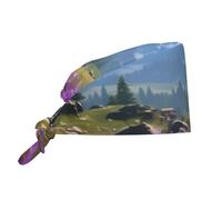 Cappello da lavoro per pulizie con stampa di fiori viola, prato e montagna, ideale per uomo e donna, regolabile e traspirante.