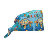 Cappello da lavoro per pulizie con stampa di tartarughe e pesci, cappello da chef per uomo e donna, regolabile, traspirante, nero