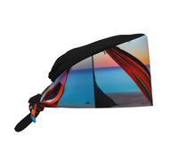 Cappello da lavoro traspirante con immagine di amaca al tramonto sulla spiaggia di cocco, ideale per chef, infermieri, centri benessere, trattamenti viso e fitness, colore nero.