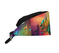 Cappello da lavoro traspirante con immagine di note musicali colorate, ideale per chef, infermieri, centri benessere, trattamenti viso e fitness, colore nero.