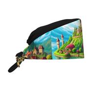 Cappello da lavoro traspirante con immagine di una città fiabesca, ideale per chef, infermieri, centri benessere, trattamenti viso e fitness, colore nero.