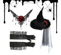 Cappello da nero, set di collana con guanti gotici e rose, fascia per capelli per Halloween, decorazioni per feste, festival, cosplay, spettacoli in maschera, portico di casa