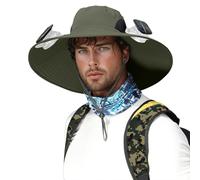 Cappello da pesca a tesa larga con ventilatore solare e ricarica USB, triplo sistema di ventilazione integrato, protezione solare per uomo, estate, alpinismo, con copertura per il collo, Verde