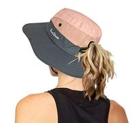 Cappello da pesca da spiaggia pieghevole con protezione UV da donna in rete a tesa larga con foro per coda di cavallo, Rosa, Taglia unica
