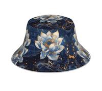 Cappello da pescatore per uomo e donna, reversibile, blu dorato sogno loto riflettente, cappello alla pescatora da spiaggia, doppio lato, per golf, ravel, pesca, escursionismo all'aperto