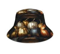 Cappello da pescatore per uomo e donna, reversibile, per Halloween, con zucca dipinta in metallo e visiera riflettente, cappello da spiaggia a doppio lato, per golf, ravel, pesca, escursionismo