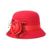 Cappello da piscina da uomo in lana con decorazione floreale a tesa larga calda cloche bombetta cappello Clementine, Rosso, Taglia unica